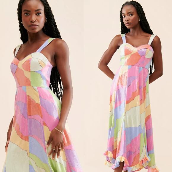 Hutch Dress Anthropologie Pastel Multicolor Sequined‎ Bustier Maxi Dress Size 8 - Picture 13 of 13